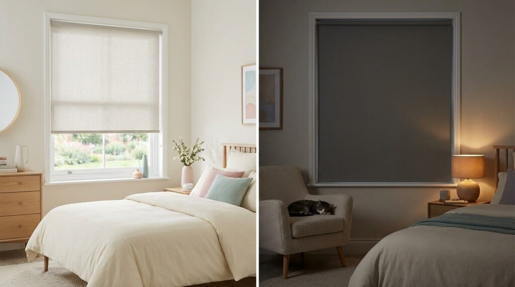 Store enrouleur occultant installé dans une chambre pour un sommeil réparateur.