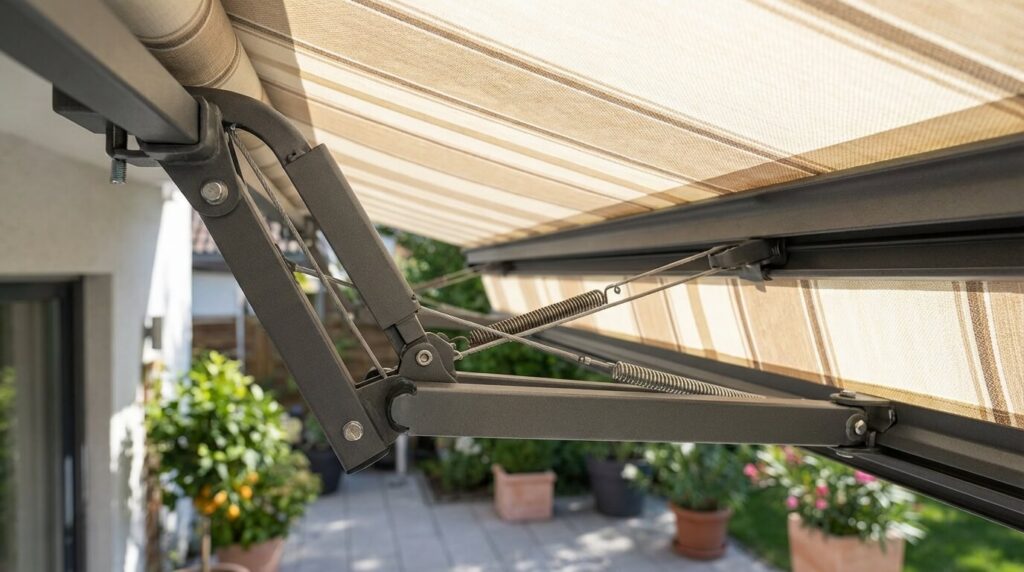 Zoom sur les bras articulés et la toile tendue d'un store de terrasse