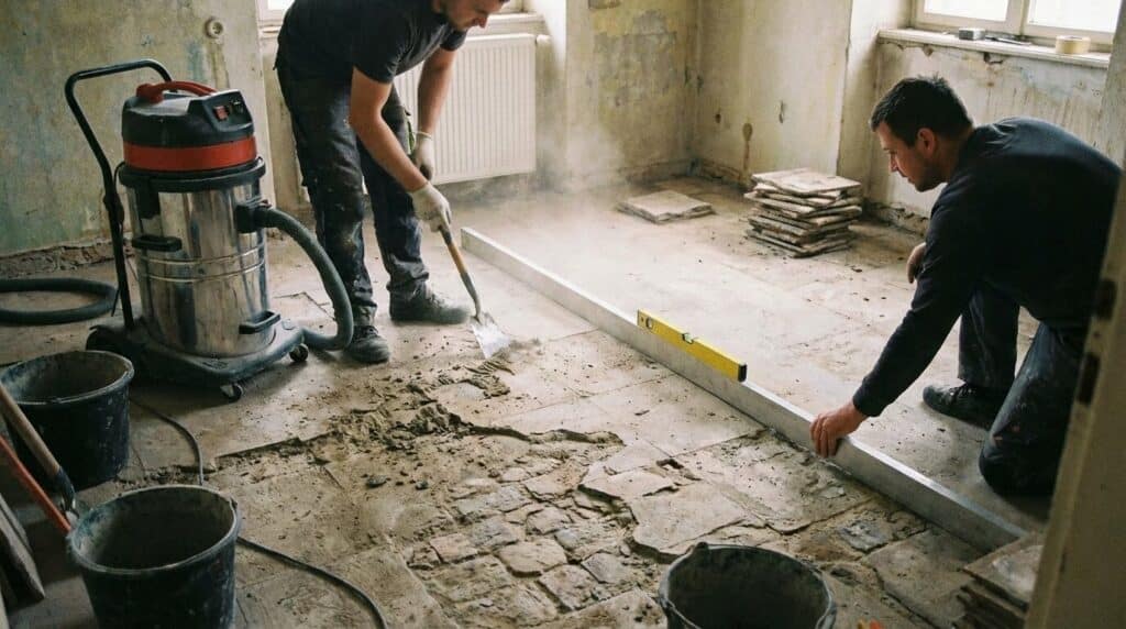 Nettoyage et vérification de la planéité d'un ancien support avant la pose d'un nouveau carrelage.
