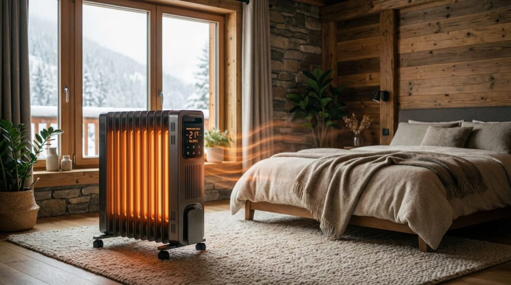 Radiateur à bain d'huile silencieux diffusant une chaleur douce dans une chambre à coucher bien isolée.