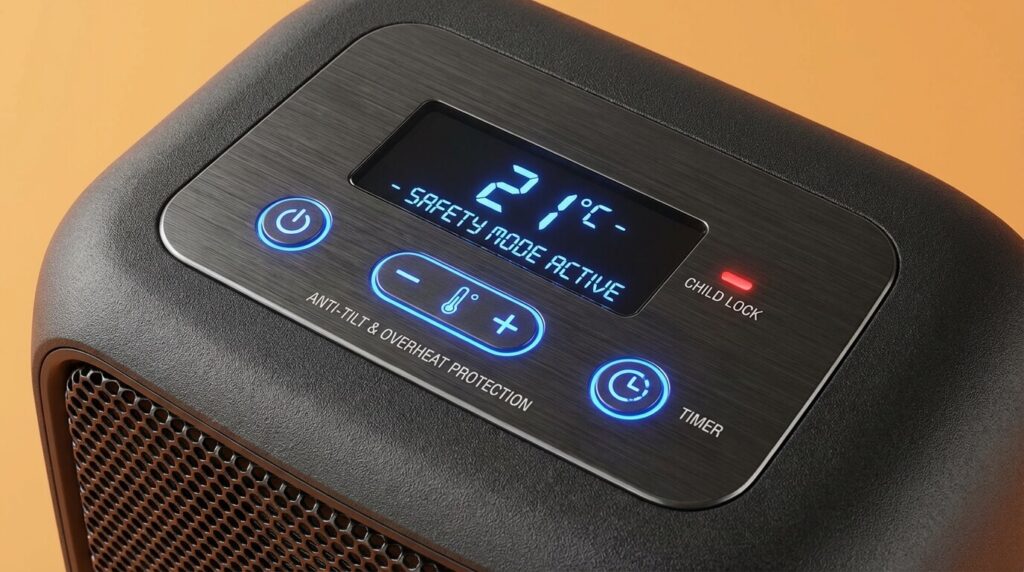 Zoom sur le panneau de commande et le thermostat électronique d'un chauffage d'appoint sécurisé.