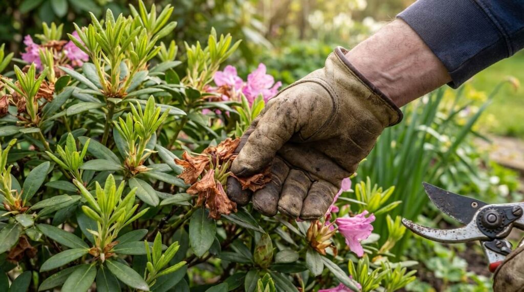 Main d'un jardinier retirant les fleurs fanées d'un rhododendron pour favoriser la croissance.