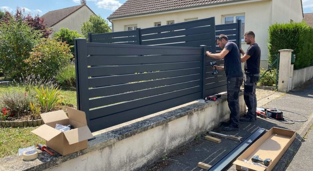 Installation d'une clôture en aluminium ajourée à claire-voie de couleur gris anthracite sur un muret