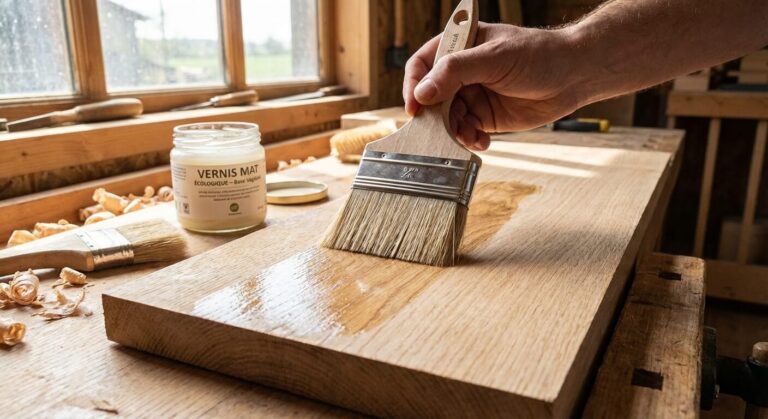 Accueil 1 Application d'un vernis mat écologique au pinceau spalter dans le sens des fibres.