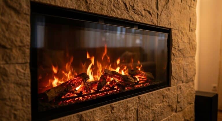 Accueil 2 Gros plan sur les flammes LED réalistes d'une cheminée électrique encastrée dans un mur de salon.