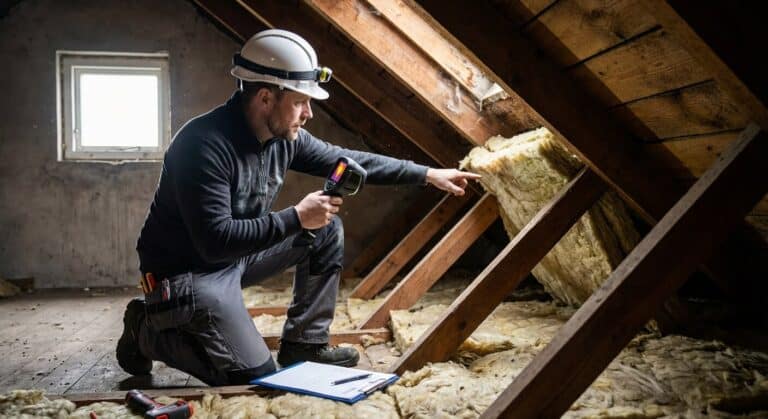 Accueil 1 Un expert immobilier inspectant l'isolation et la structure d'une maison lors d'une évaluation technique.