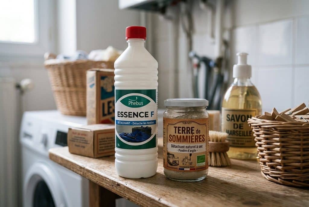 Eau écarlate introuvable : pourquoi et par quoi la remplacer 3 Produits de substitution détachants avec bouteille d'essence F et pot de terre de Sommières.