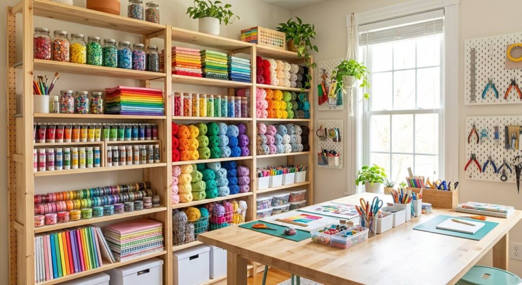 Rester dans la tendance DIY en 2026 : nos meilleurs conseils pour ne rien rater 4 Espace de travail organisé pour le bricolage créatif avec des étagères remplies de fournitures colorées.