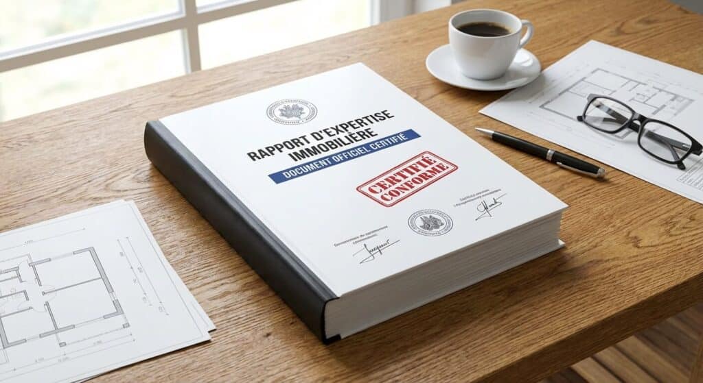 L'expertise immobilière : un atout stratégique pour sécuriser votre patrimoine 3 Document officiel de rapport d'expertise immobilière certifié posé sur un bureau.