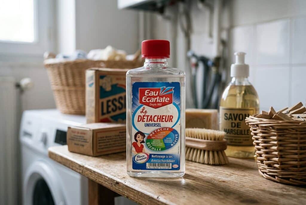 Eau écarlate introuvable : pourquoi et par quoi la remplacer 2 Flacon traditionnel de détachant universel Eau Écarlate sur une étagère de buanderie.