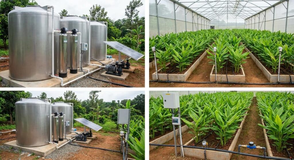 Installation d'un système de collecte d'eau et irrigation goutte-à-goutte pour curcuma