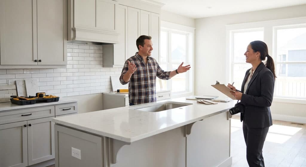 L'expertise immobilière : un atout stratégique pour sécuriser votre patrimoine 4 Un propriétaire présentant ses récents travaux de rénovation intérieure à un expert immobilier.