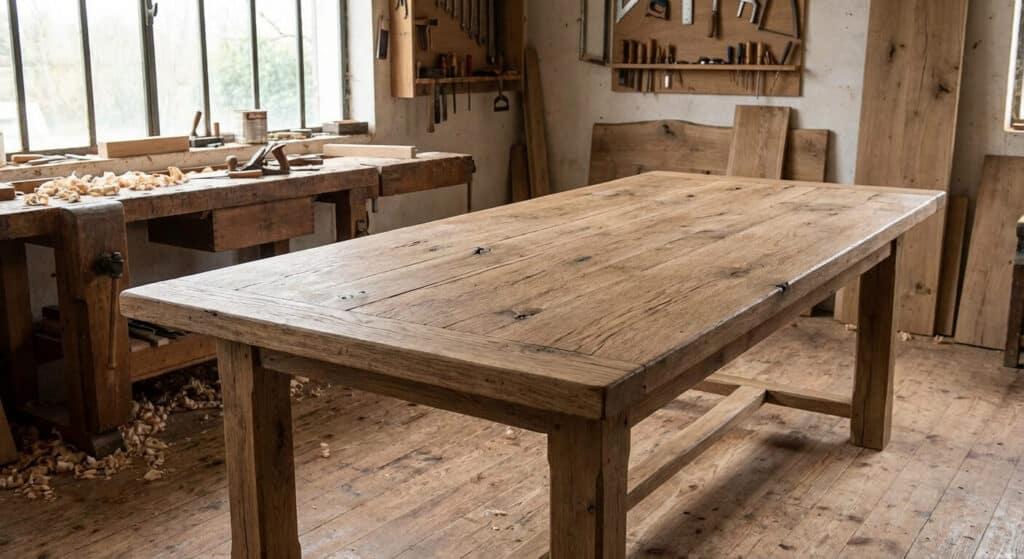 Résultat final : table en chêne protégée par un vernis aspect bois brut résistant aux taches.