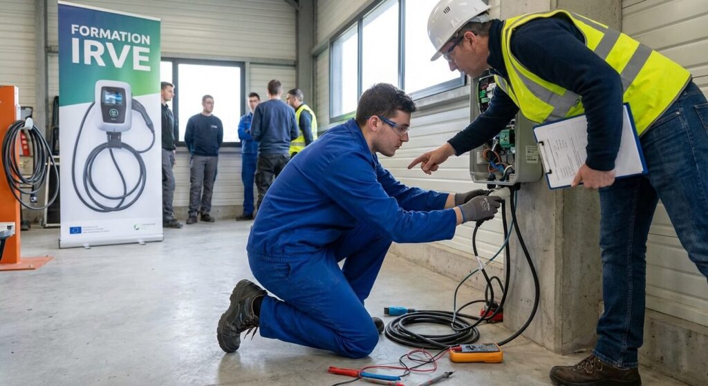La formation professionnelle : un levier de sécurité et de performance dans le bâtiment 3 Technicien en formation IRVE installant une borne de recharge pour véhicule électrique sous la supervision d'un expert VoltWork.