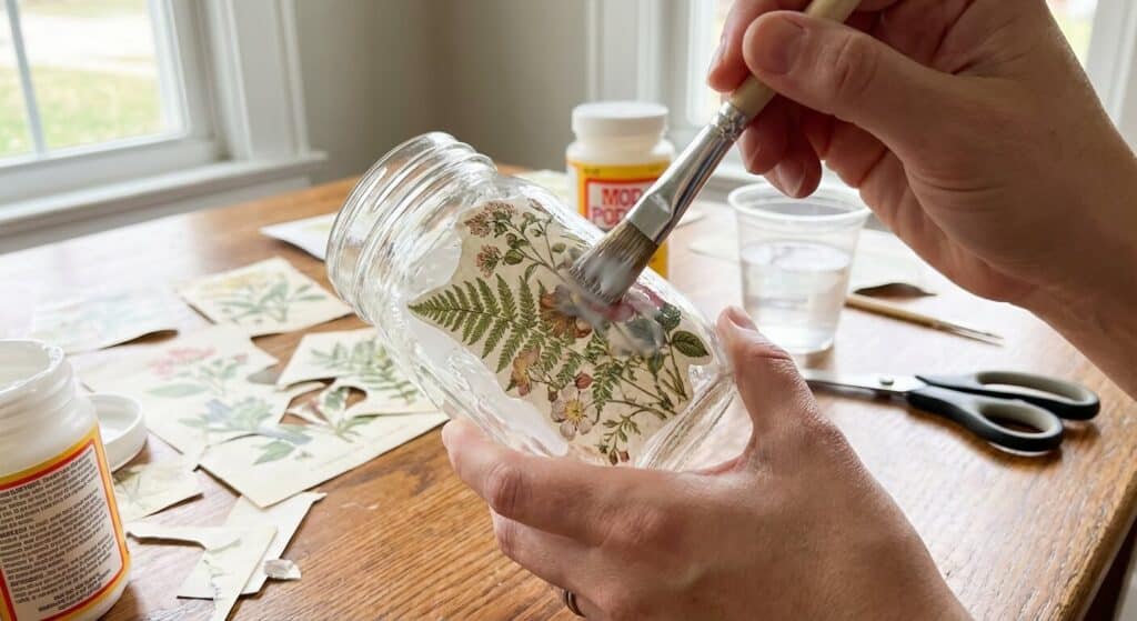 Application minutieuse de colle vernis pour fixer un motif en papier sur un bocal en verre transparent