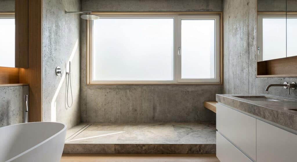 Salle de bain moderne intégrant une vaste douche à l'italienne directement sous une fenêtre en PVC dépoli