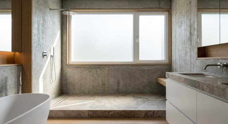 Salle de bain moderne intégrant une vaste douche à l'italienne directement sous une fenêtre en PVC dépoli