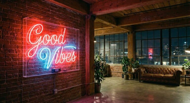 Accueil 1 Un néon personnalisé lumineux "Good Vibes" fixé sur un mur en briques dans un appartement au style industriel.