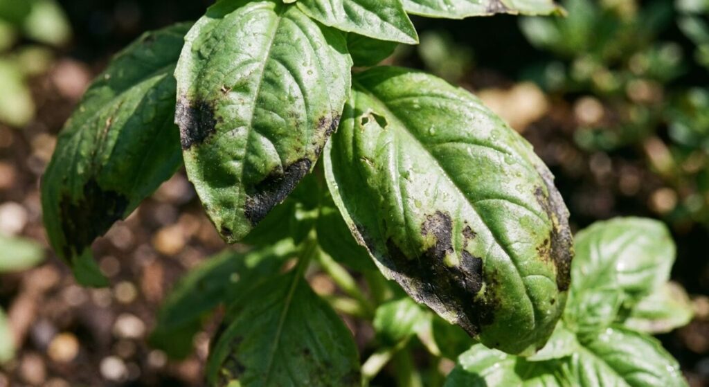 Gros plan sur des feuilles de basilic frais présentant des taches noires d'oxydation sur les bords