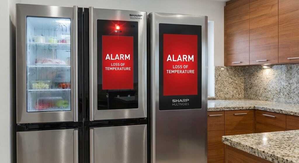 Grand réfrigérateur Sharp multivoies avec le panneau d'alarme activé suite à une perte de température