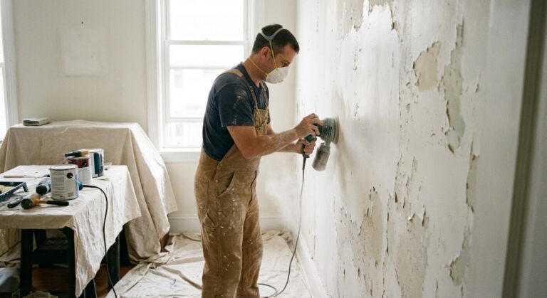 Peintre professionnel ponçant soigneusement un ancien mur acrylique pour préparer l'application d'une peinture à l'huile