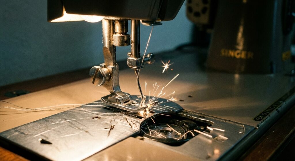 Aiguille de machine à coudre décalée heurtant dangereusement la plaque métallique lors de la descente