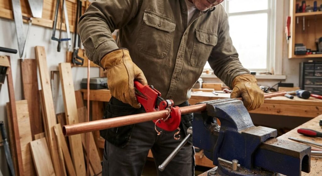 Bricoleur utilisant un coupe-tube à molette pour réaliser une découpe nette sur un tuyau en cuivre