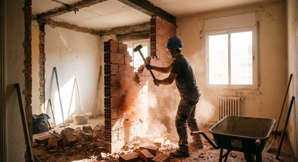 Artisan démolissant une cloison en brique rouge creuse lors d'une rénovation d'intérieur