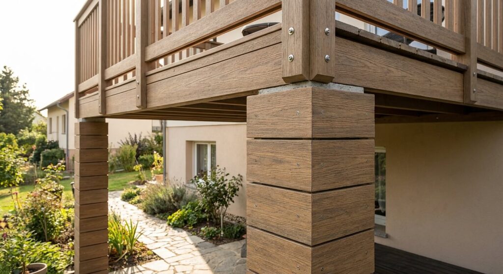 Poteau en béton extérieur soutenant une terrasse, habillé avec des lames de bois composite