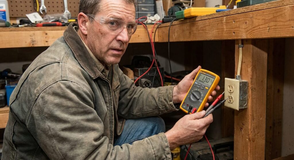 Prise électrique à 130 Volts au lieu de 220 V : D'où vient la panne ? 2 Bricoleur utilisant un multimètre digital pour mesurer une tension anormale de 130 Volts sur une prise de courant