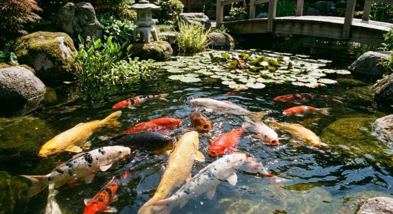 Accueil 2 Groupe de grandes carpes koï colorées nageant à la surface d'un bassin de jardin