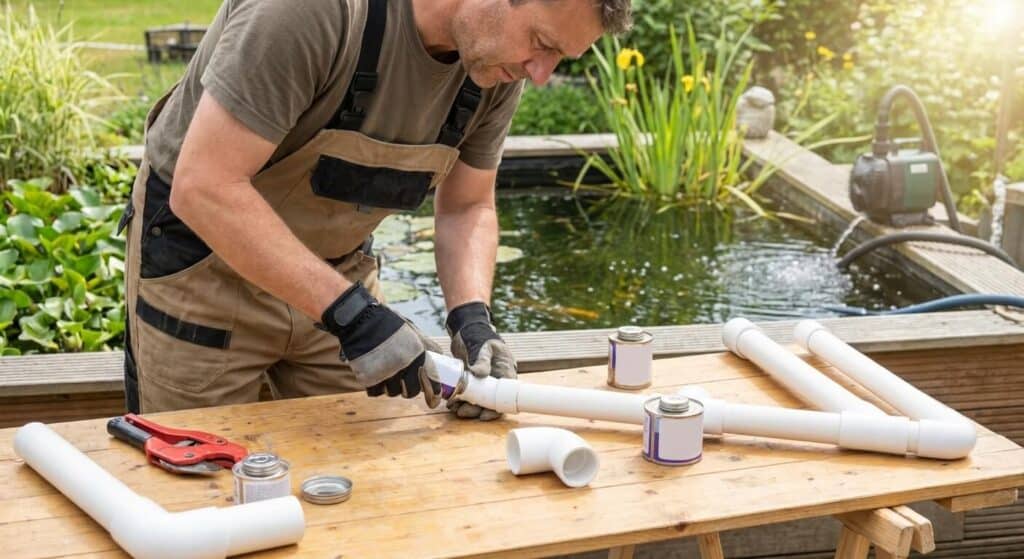 Bricoleur assemblant des tuyaux en PVC pour fabriquer un embout d'aspiration pour son bassin