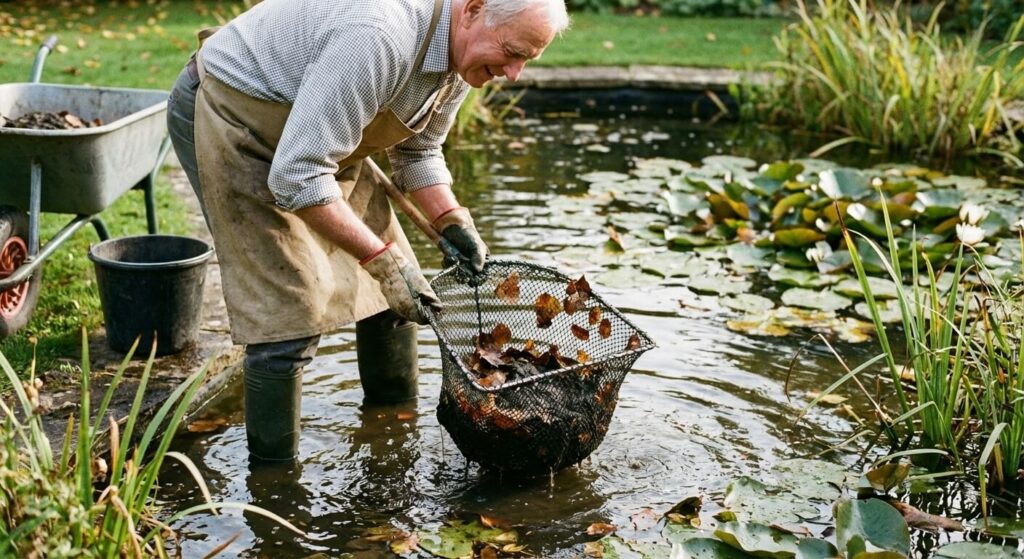 Comment nettoyer le fond d'un bassin à poisson sans détruire l'écosystème ? 2 Jardinier retirant délicatement la vase et les feuilles mortes du fond d'un bassin avec une épuisette