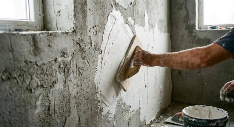 Une main utilisant une taloche pour appliquer une couche de plâtre blanc sur un mur brut en ciment gris.