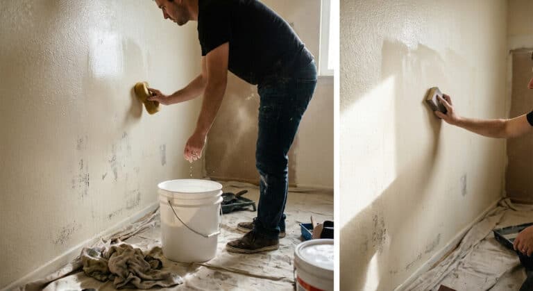 Accueil 1 Lessivage et ponçage léger d'une fibre de verre peinte avant l'application d'une nouvelle couche de peinture.