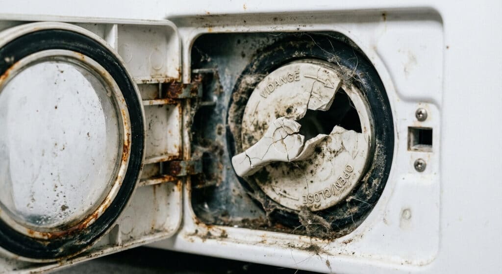 Bouchon de vidange machine à laver cassé : que faire selon la situation ? 2 Gros plan sur un bouchon de vidange de machine à laver dont la poignée en plastique est brisée, situé derrière la trappe de service.