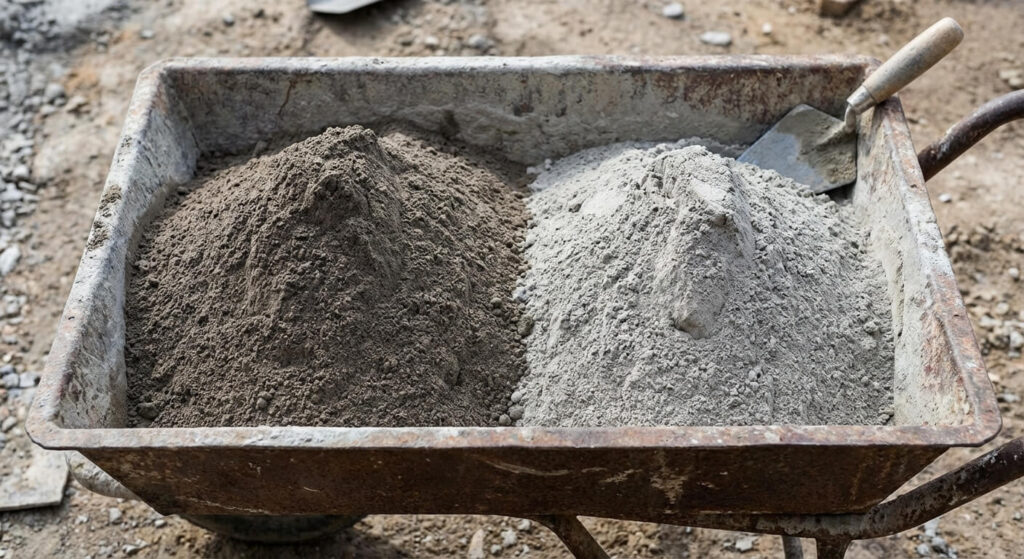 Comparaison visuelle entre la poudre de ciment prompt (plus sombre) et de ciment normal dans une auge de maçon avant le mélange.