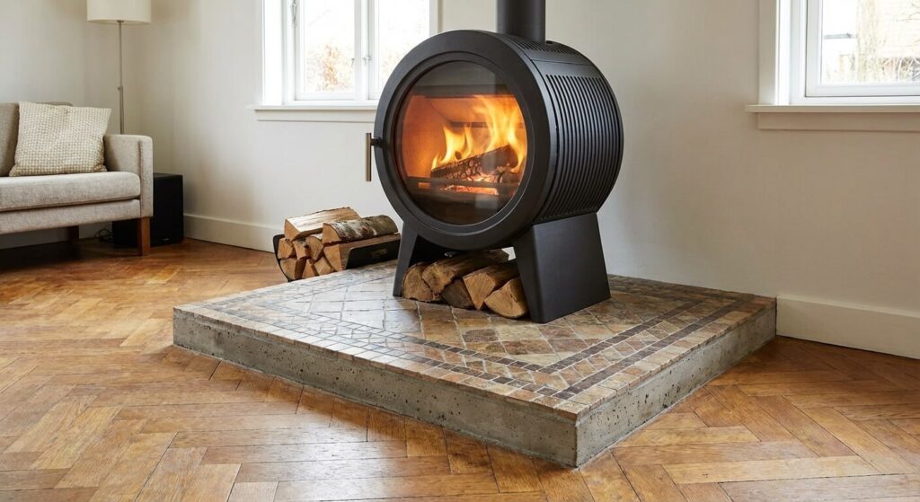 Comment fabriquer un socle pour poêle à bois : choisir, dimensionner et construire 2 Un socle de protection en carrelage et béton sous un poêle à bois moderne pour protéger le parquet.