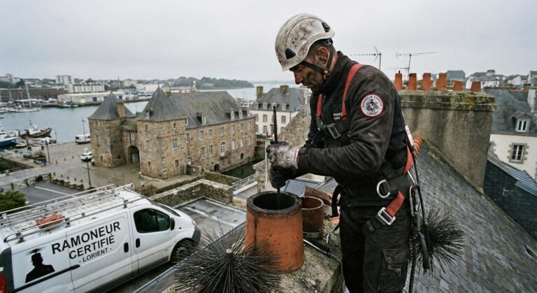 Accueil 1 Un ramoneur professionnel certifié en intervention sur un conduit de cheminée à Lorient.