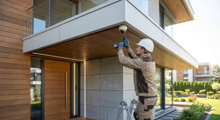 Un bricoleur fixant une caméra de surveillance moderne sous le rebord d'une toiture pour sécuriser l'entrée.