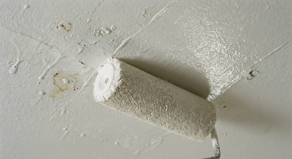 Comment choisir la couleur idéale pour repeindre ses plafonds ? 3 Gros plan sur l'application d'une peinture mate sur un plafond pour masquer les imperfections de surface.