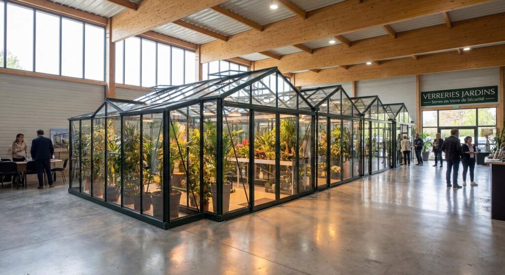 Quel choix parmi les meilleurs revendeurs de serres ACD en 2026 ? 2 Un alignement de serres en verre de sécurité dans le showroom d'un revendeur spécialisé.
