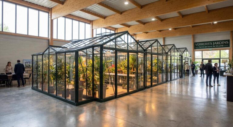 Un alignement de serres en verre de sécurité dans le showroom d'un revendeur spécialisé.