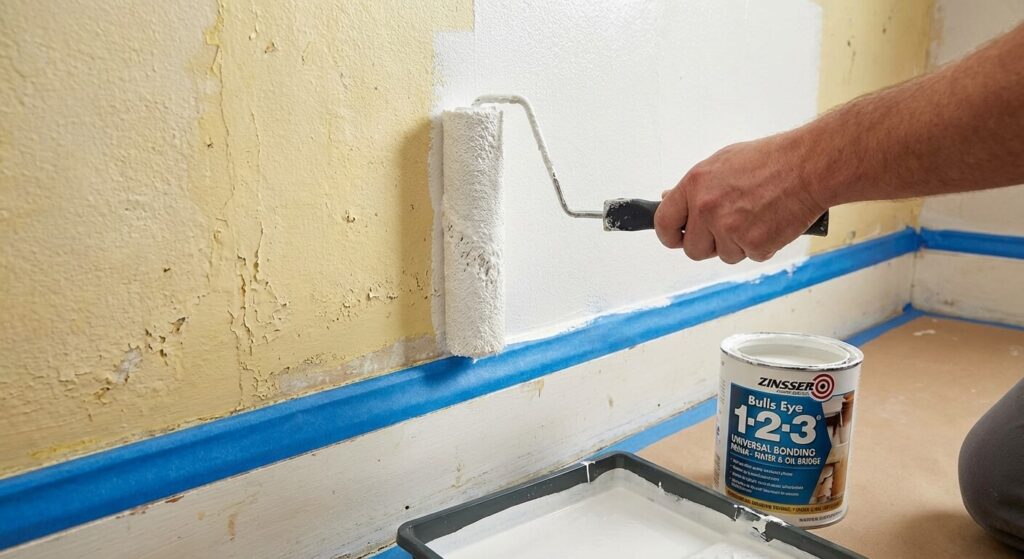 Application au rouleau d'un primaire d'accrochage universel blanc pour faire le pont entre l'eau et l'huile