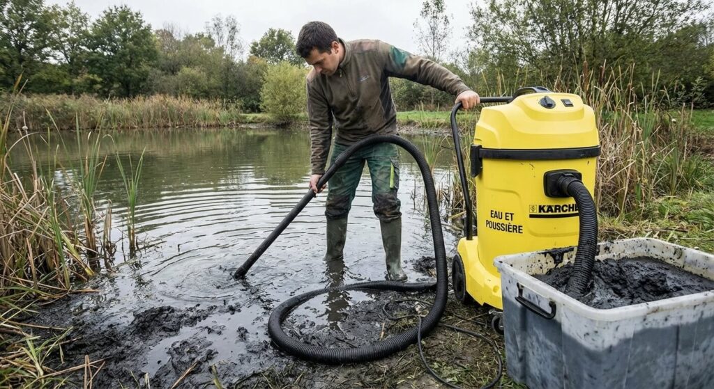 Utilisation d'un aspirateur de chantier de type eau et poussière pour nettoyer la vase d'une mare