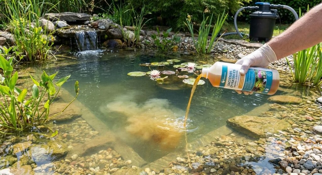 Comment nettoyer le fond d'un bassin à poisson sans détruire l'écosystème ? 3 Ajout de bactéries épuratrices liquides dans l'eau d'un bassin après un nettoyage de fond pour rétablir la flore