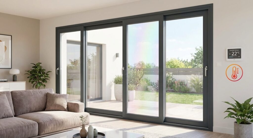 Baie vitrée coulissante en PVC anthracite avec vitrage isolant haute performance, garantissant un confort thermique optimal dans une pièce de vie contemporaine.