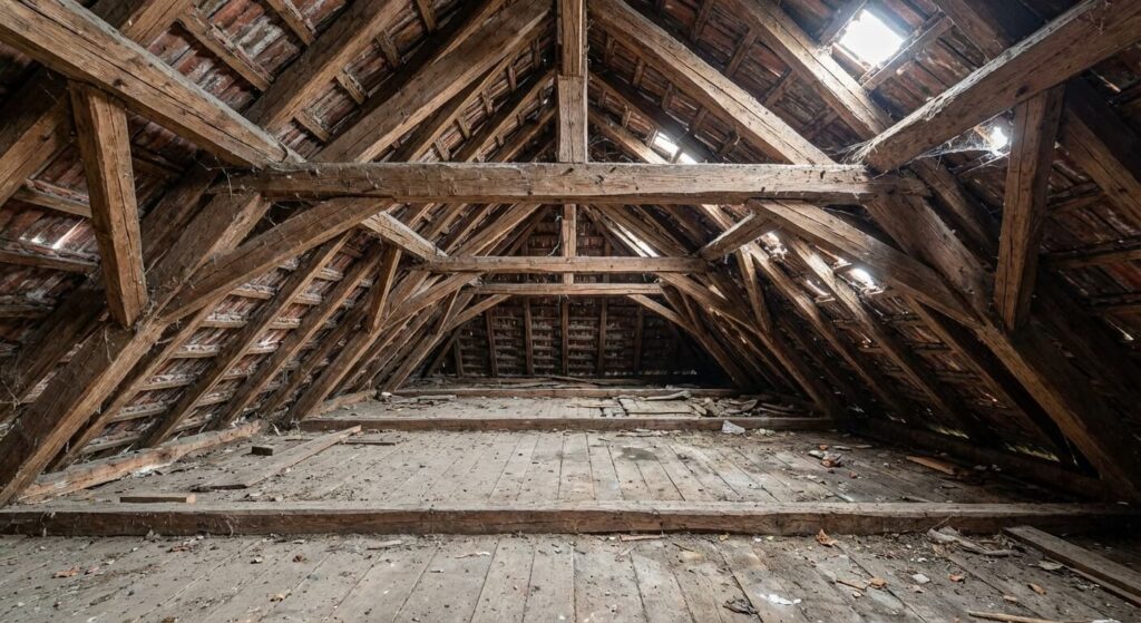 Vue de la charpente en bois de combles perdus avant les travaux d'isolation et d'aménagement.