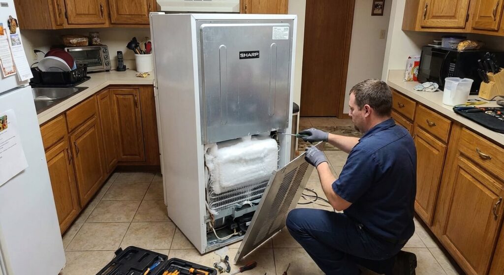 Dépanneur retirant le panneau arrière du congélateur Sharp pour inspecter l'évaporateur pris dans la glace