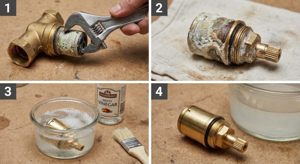 Démontage d'une cartouche thermostatique couverte de calcaire pour la plonger dans un bain de vinaigre blanc